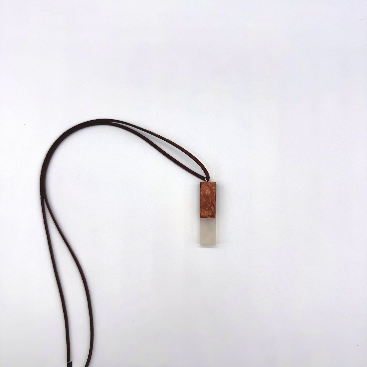 Maple Wood and White Resin Pendant with Brown, Faux Leather Cord