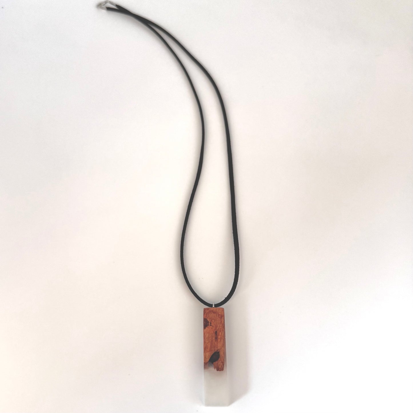Maple Wood and White Resin Pendant with Black, Faux Leather Cord