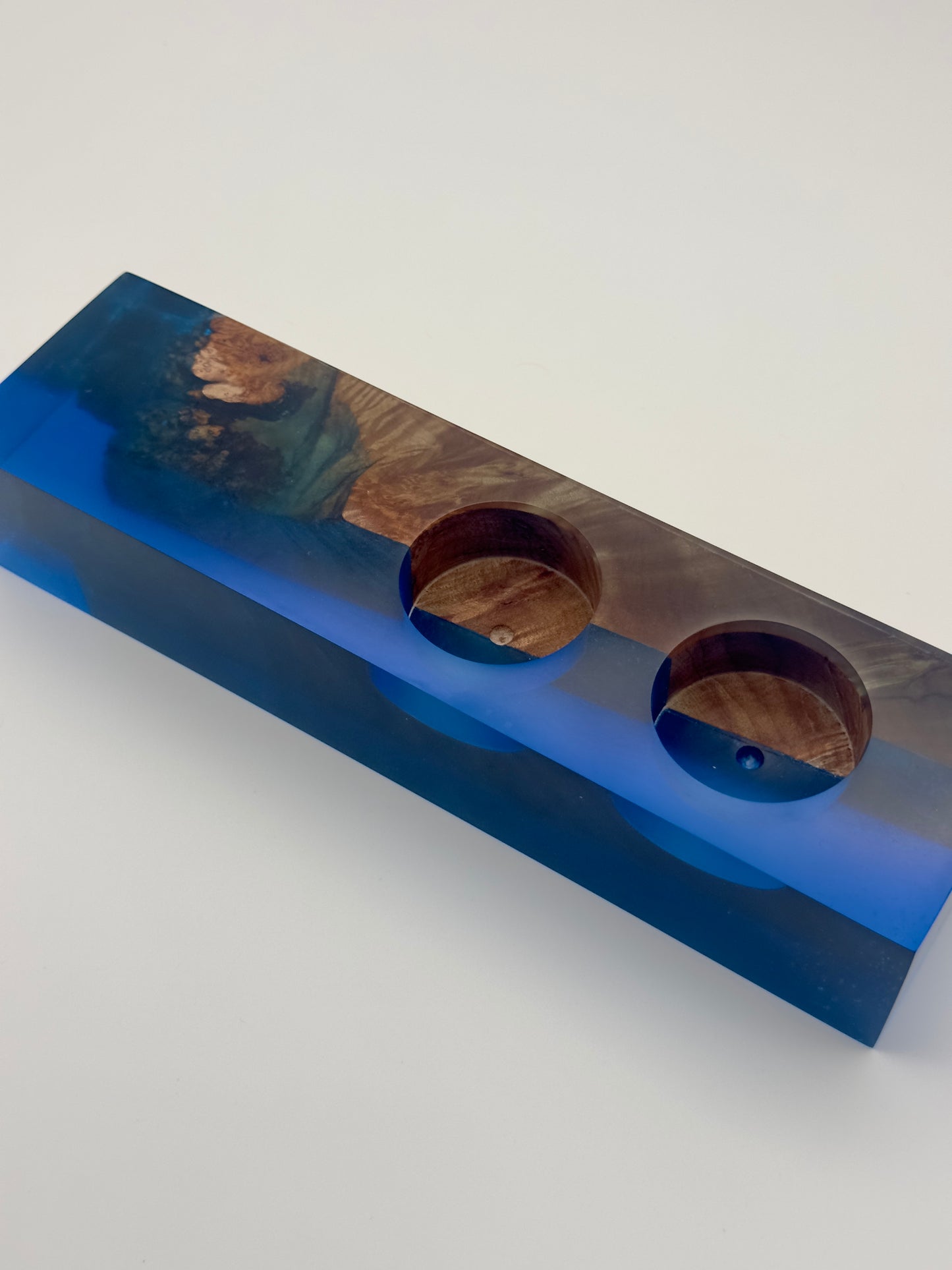 Ocean Blue Resin and Maple Burl Wood Votive Candleholder
