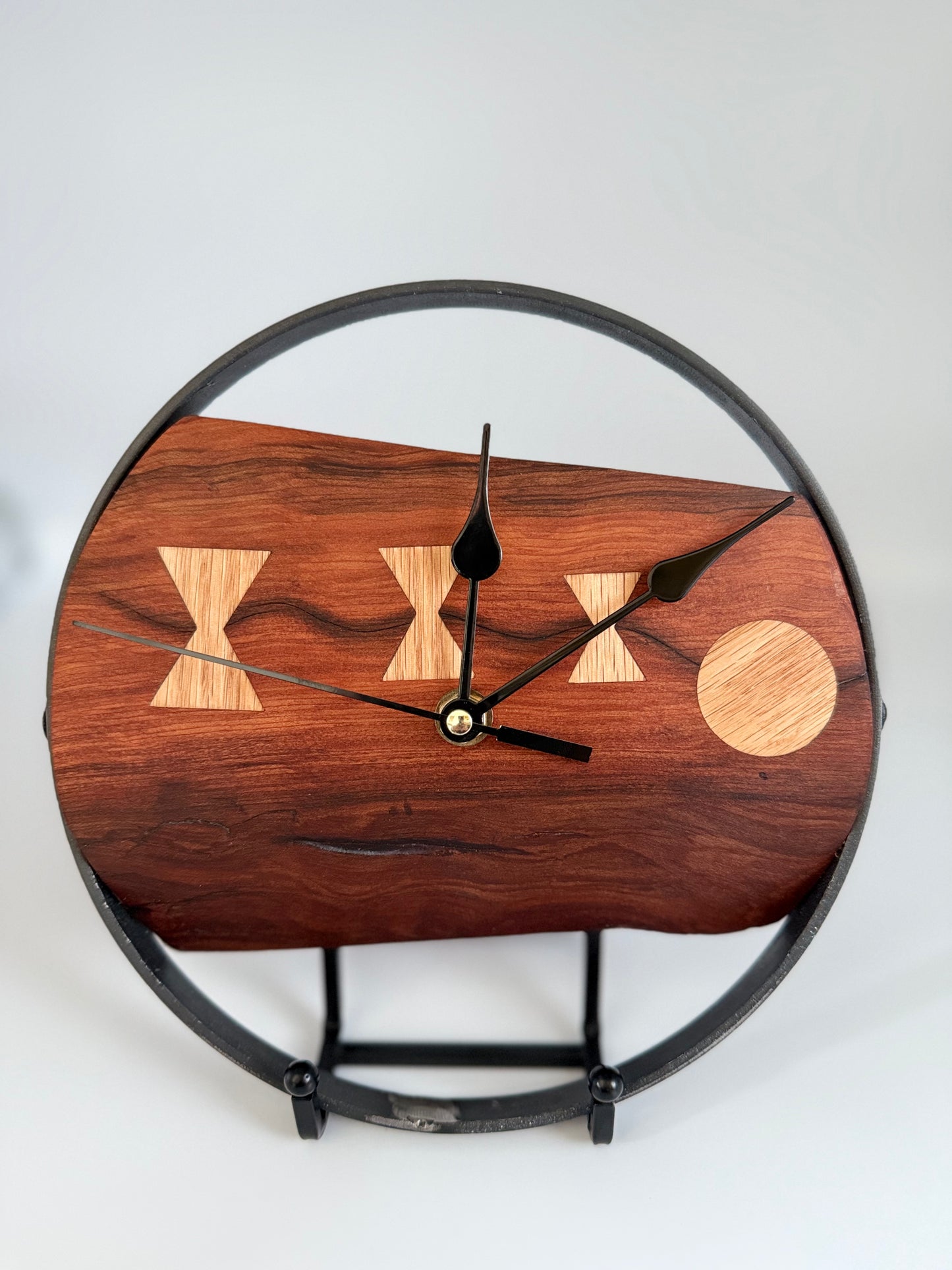 Live-edge Redwood Wall Clock with Red Oak Inlays and Steel Frame