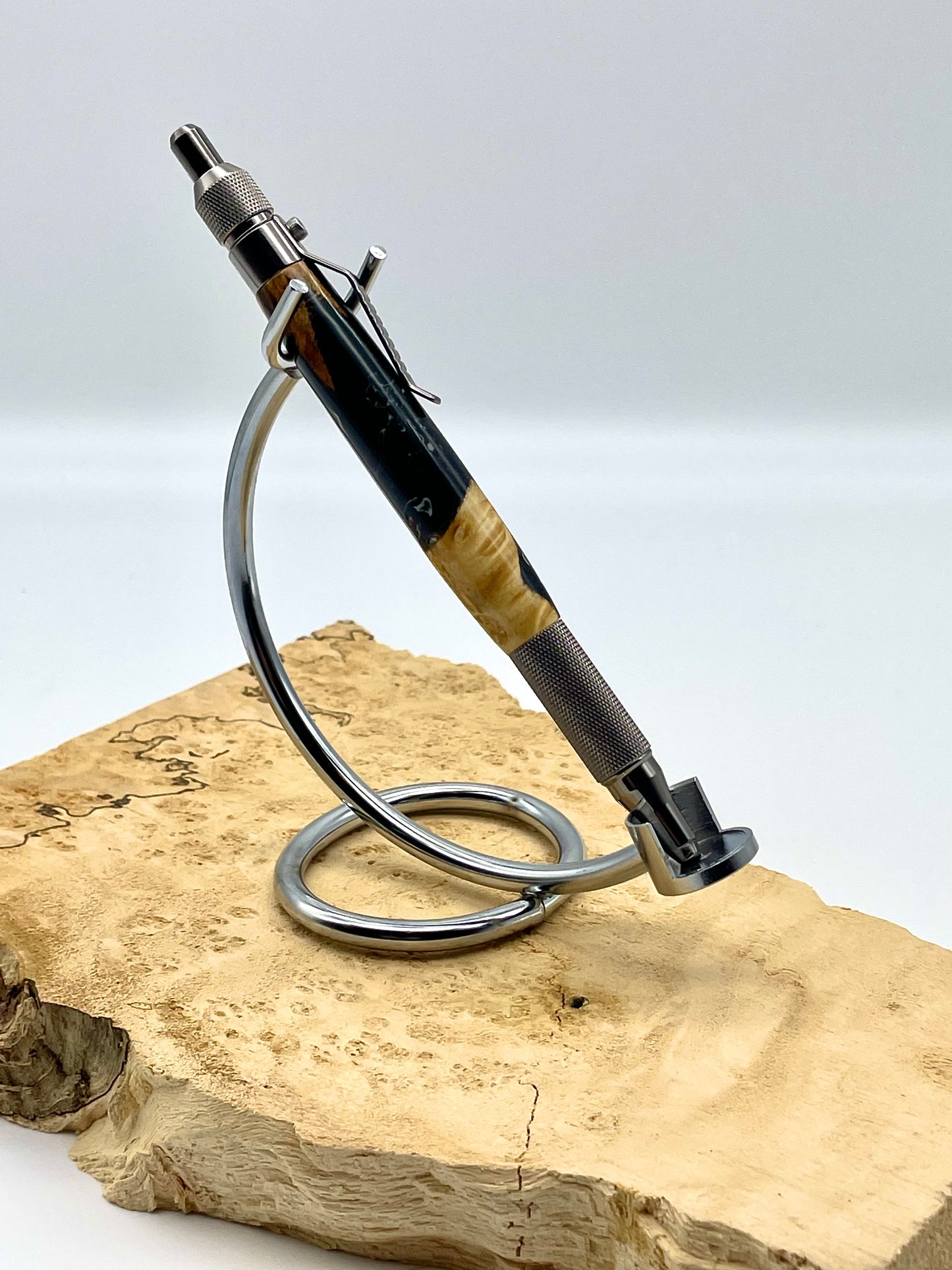 Black and White Ballpoint EDC Click Pen; Epoxy resin and maple burl; Hand casted and hand turned