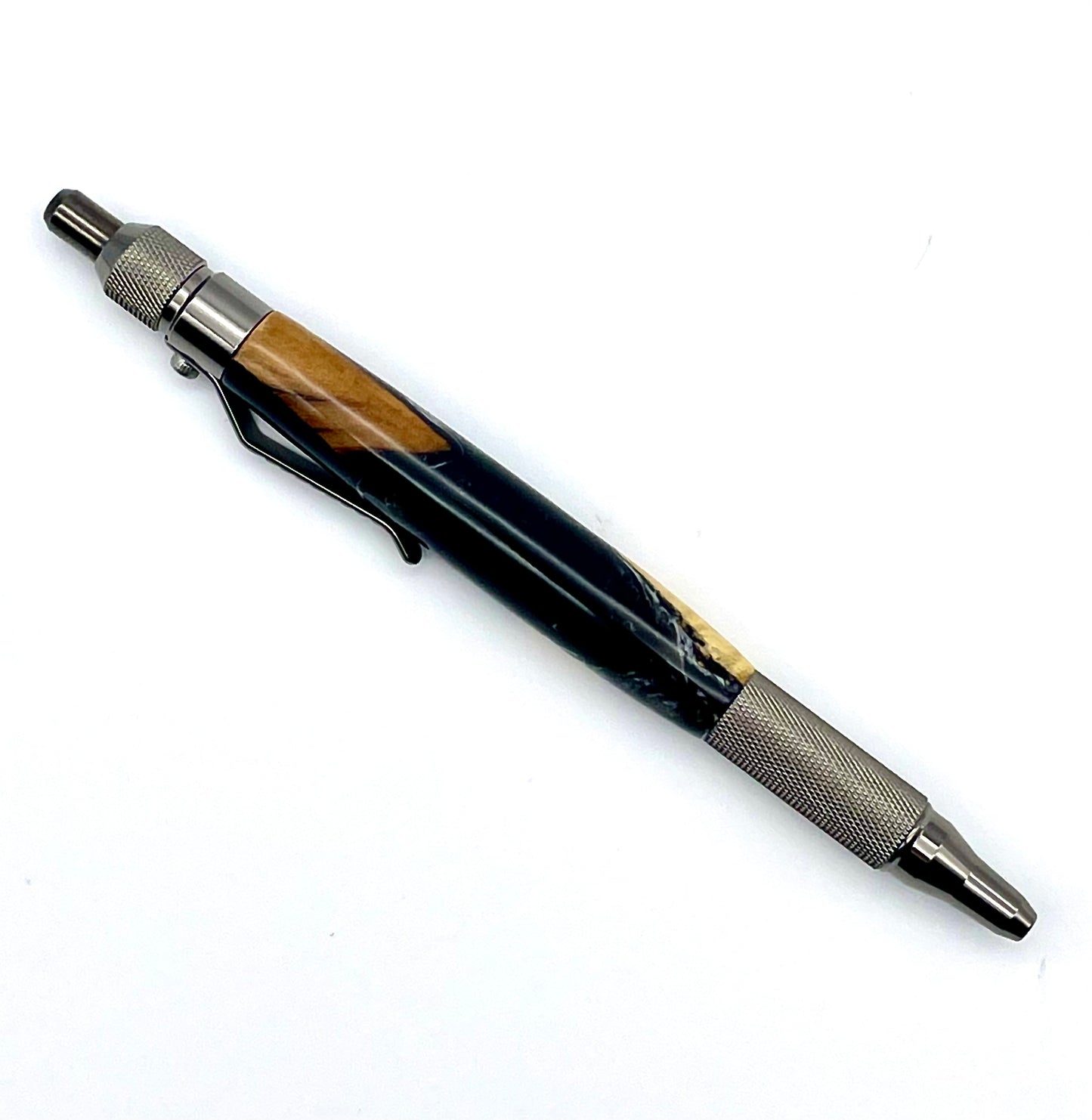 Black and White Ballpoint EDC Click Pen; Epoxy resin and maple burl; Hand casted and hand turned