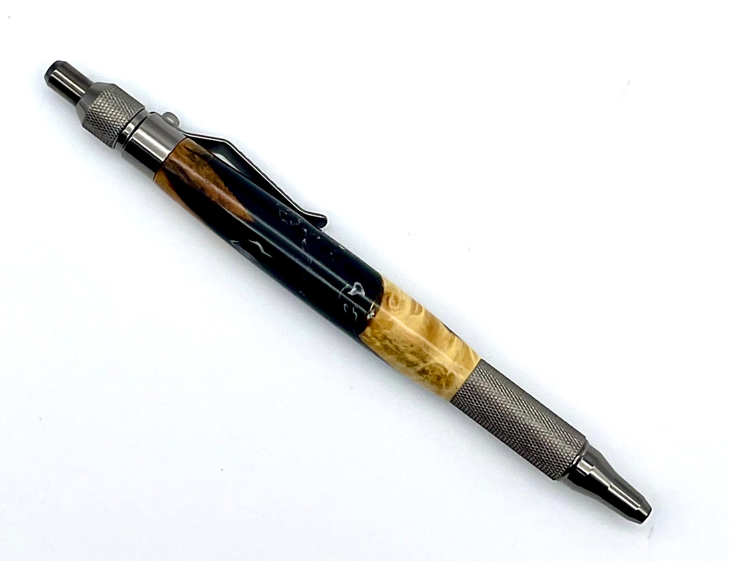 Black and White Ballpoint EDC Click Pen; Epoxy resin and maple burl; Hand casted and hand turned